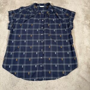 Caslon Plaid Short Sleeve Button Front Top Blue Cotton Size XXL Summer‎ Beach